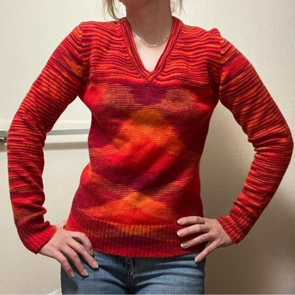 70 Multi Colored Stripe Burnt Orange Red Wool Sweater Variegated Geometric 38 S - Picture 1 of 11